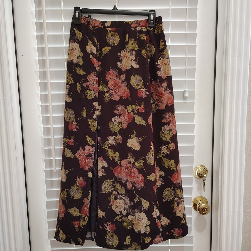 Floral Maxi Skirt Womens Small Burgundy Slit Cottagecore Whimsigoth Boho Moody